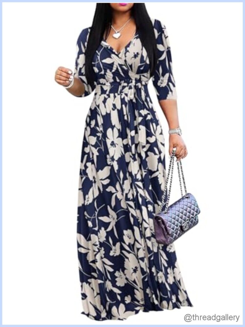 Womens Plus Size Maxi Dress Wrap V Neck 3/4 Sleeve Sundress Pockets
